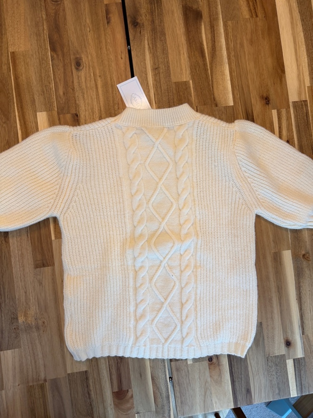 Short-Sleeve Cable Knit Crewneck Sweater in Cream - Picture 3 of 3
